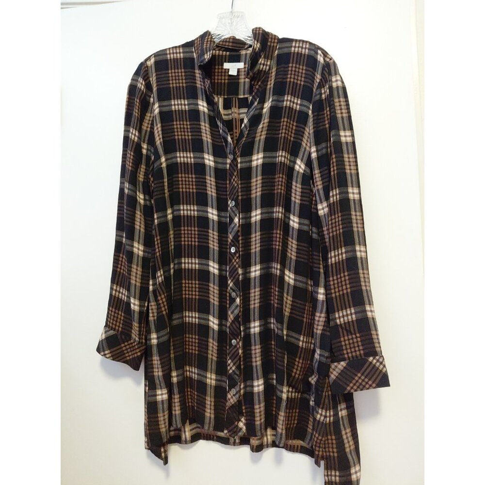 J Jill Womens Button Front Long Tunic Top Black Brown Plaid Side Pockets Medium